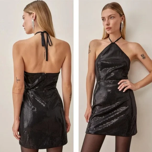 Reformation Small Sidney Black Sequin Halter Mini Dress - Picture 2 of 13